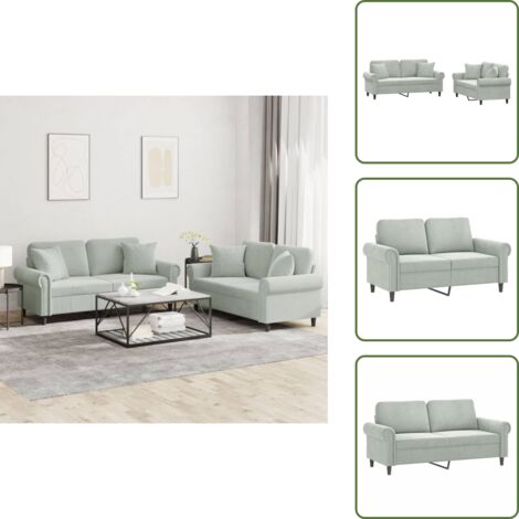 Sofá con almohada - vidaXL Juego de sofás con cojines 2 piezas terciopelo gris claro - Sofá de madera y metal