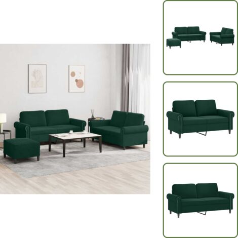 Sofá con reposapiés - vidaXL Juego de sofás con cojines 3 piezas terciopelo verde oscuro - Sofá de 2 plazas