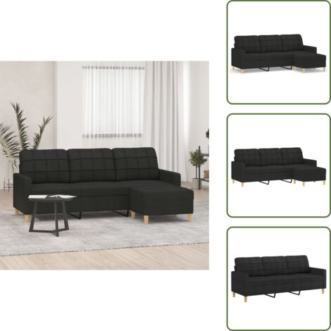Sofá con reposapiés - vidaXL Sofá de 3 plazas con taburete de tela negro 180 cm - Sofá moderno