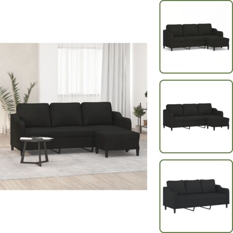 Sofá con reposapiés - vidaXL Sofá de 3 plazas con taburete de tela negro 180 cm - Sofá moderno