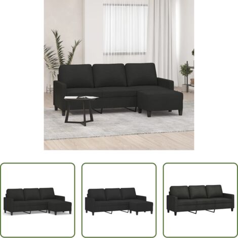 Sofá con taburete -  Sofá de 3 plazas con taburete de tela negro 180 cm