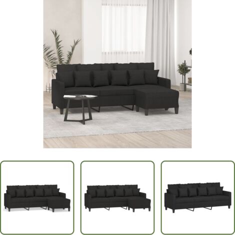 Sofá con taburete -  Sofá de 3 plazas con taburete de tela negro 180 cm