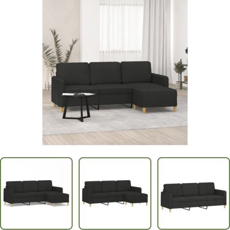 Sofá con taburete -  Sofá de 3 plazas con taburete de tela negro 180 cm