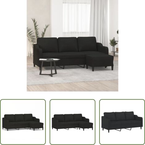 Sofá con taburete -  Sofá de 3 plazas con taburete de tela negro 180 cm