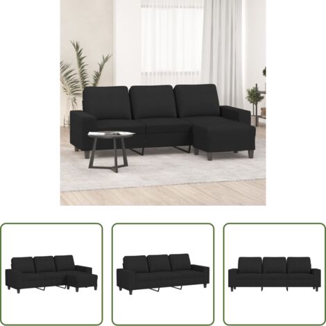 Sofá con taburete -  Sofá de 3 plazas con taburete de tela negro 180 cm