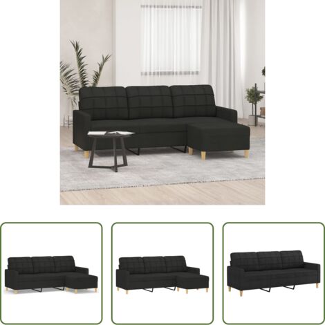Sofá con taburete -  Sofá de 3 plazas con taburete de tela negro 180 cm