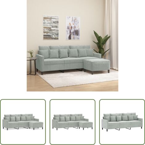 Sofá con taburete -  Sofá de 3 plazas con taburete de terciopelo gris claro 180 cm