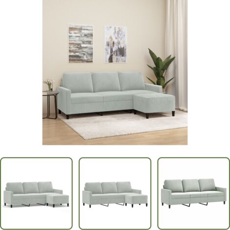 Sofá con taburete -  Sofá de 3 plazas con taburete de terciopelo gris claro 180 cm