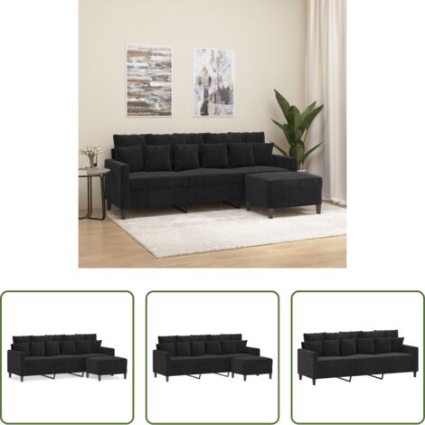 Sofá con taburete -  Sofá de 3 plazas con taburete de terciopelo negro 180 cm