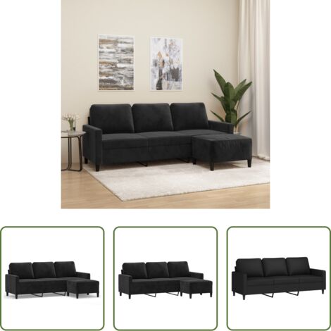 Sofá con taburete -  Sofá de 3 plazas con taburete de terciopelo negro 180 cm