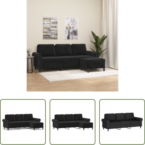 Sofá con taburete -  Sofá de 3 plazas con taburete de terciopelo negro 180 cm