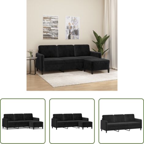 Sofá con taburete -  Sofá de 3 plazas con taburete de terciopelo negro 180 cm