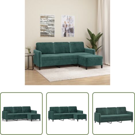 Sofá con taburete -  Sofá de 3 plazas con taburete de terciopelo verde oscuro 180 cm