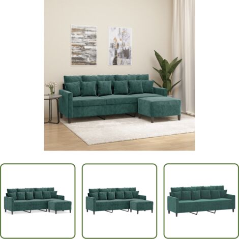 Sofá con taburete -  Sofá de 3 plazas con taburete de terciopelo verde oscuro 180 cm