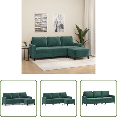 Sofá con taburete -  Sofá de 3 plazas con taburete de terciopelo verde oscuro 180 cm