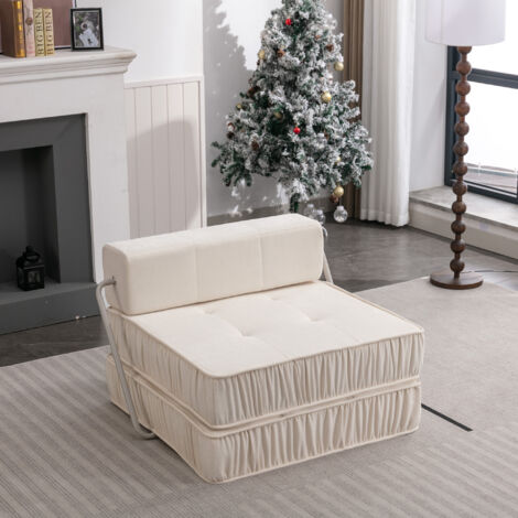 Sofá convertible con función de sofá cama, chaise longue convertible para salón y dormitorio, tejido de chenilla, espuma y muelles, blanco