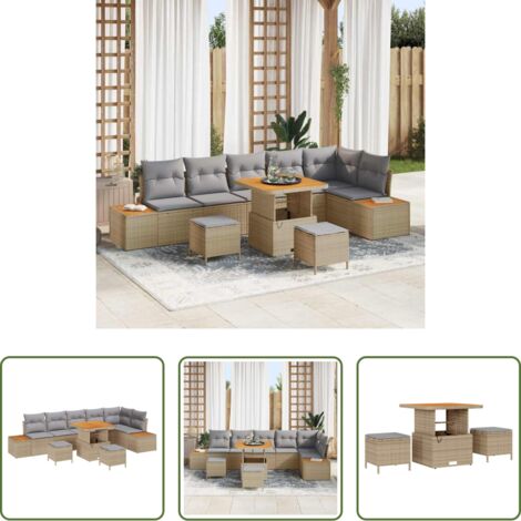 Sofà da esterno -  Set Divano da Giardino con cuscino 9 pcs Beige Poly Rattan