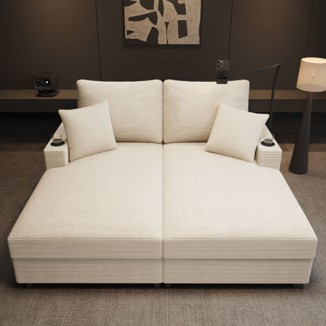 Sofá de 2 plazas 163 x 140 x 82 cm, convertible en reclinable, tapizado de pana, USB/USB-C, portavasos y soporte para teléfono - beige