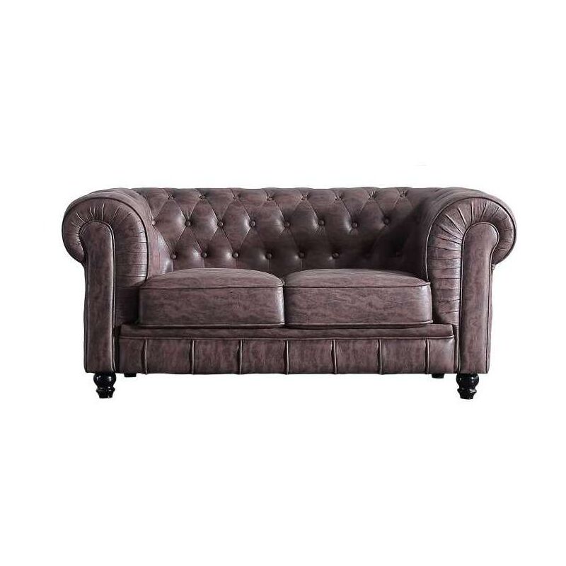 

Sofá de 2 plazas Chesterfield en tela Velvet o semil piel 166 cm(ancho) 75 cm(altura) 84 cm(fondo). Color imitacion cuero viejo chocolate