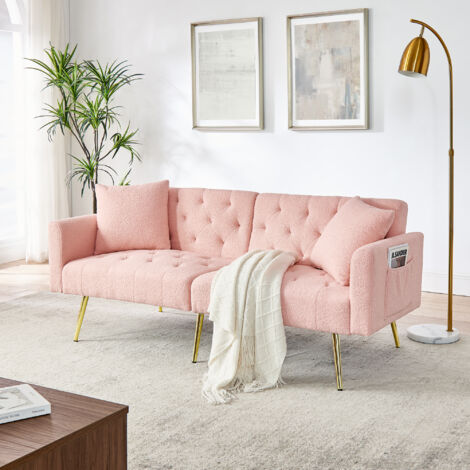 Sofá de 2 plazas con 2 cojines, sofá recto convertible en sofá de peluche, respaldo ajustable en 3 posiciones, patas metálicas, 177×78×74 cm, rosa
