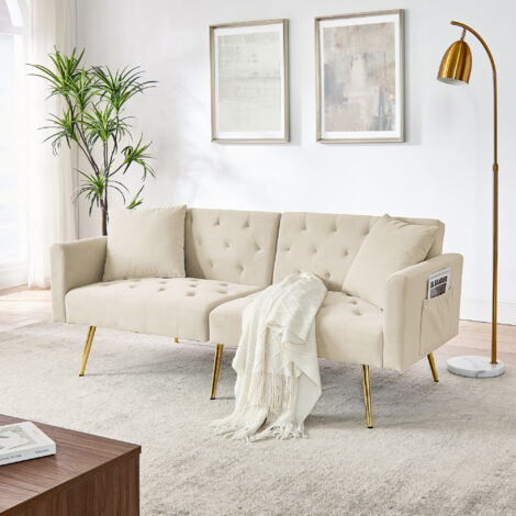 Sofá de 2 plazas con 2 cojines, sofá recto convertible en terciopelo, respaldo ajustable en 3 posiciones, patas metálicas, 177×78×74 cm, beige