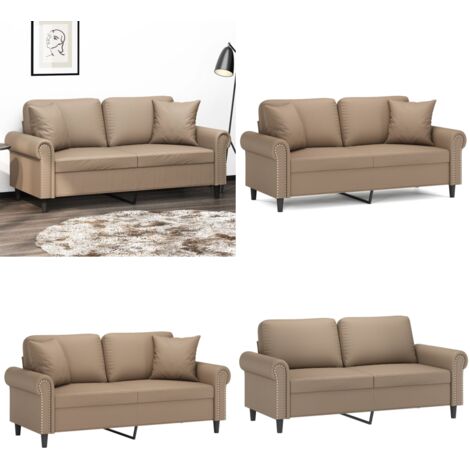 Sofá de 2 plazas con cojines cuero sintético capuchino 140 cm - Sofá cuero sintético - Sofá capuchino