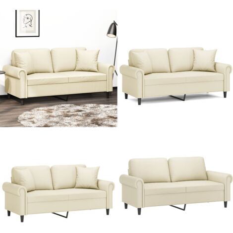 Sofá de 2 plazas con cojines cuero sintético color crema 140 cm - Sofá de cuero sintético - Sofá con almohadones