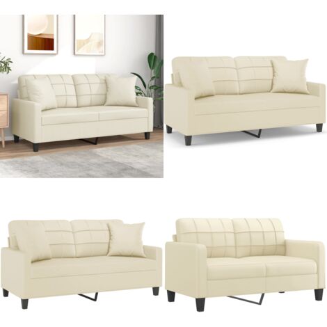 Sofá de 2 plazas con cojines cuero sintético color crema 140 cm - Sofá de cuero sintético - Sofá moderno