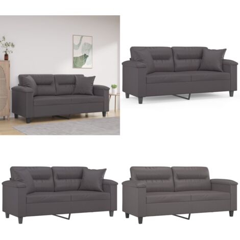 Sofá de 2 plazas con cojines cuero sintético gris 140 cm - Sofá gris - Cojines de cuero sintético