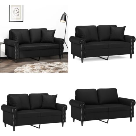 Sofá de 2 plazas con cojines cuero sintético negro 120 cm - Cojines decorativos - Cuero sintético