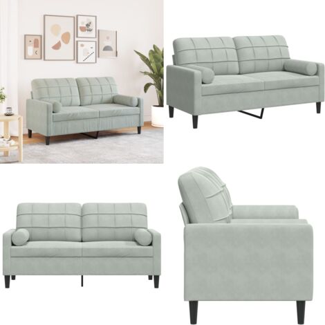 Sofá de 2 plazas con cojines terciopelo gris claro 140 cm - Sofá de terciopelo - Sofá gris claro