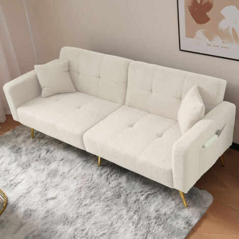 Sofá de 2 plazas con función cama, ángulo ajustable, patas doradas, con cojines y bolsillos laterales de almacenamiento, 175x64x72 cm, blanco