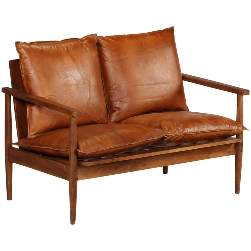 

Sofa de 2 plazas de cuero autentico con madera de acacia marron