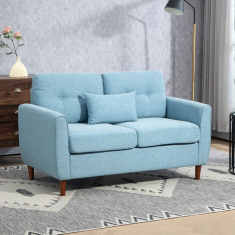 Sofá de 2 Plazas Tapizado en Lino Sintético para Salón Moderno con Reposabrazos Patas de Madera 140x78x83 cm Azul Claro