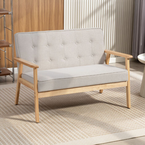 Sofá de 2 Plazas Tapizado en Lino Sintético Sofá Nórdico con Patas y Reposabrazos de Madera 113x67x78 cm Beige