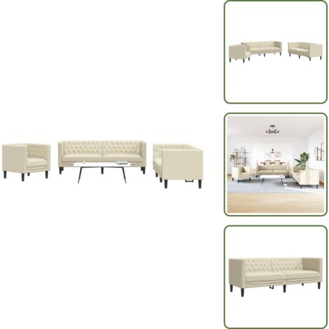 Sofá de 2 plazas - vidaXL Juego de sofás Chesterfield 3 piezas cuero sintético crema - Sofá de sala