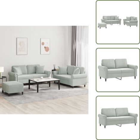 Sofá de 2 plazas - vidaXL Juego de sofás con cojines 3 piezas terciopelo gris claro - Reposapiés
