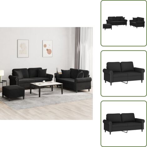 Sofá de 2 plazas - vidaXL Juego de sofás con cojines 3 piezas terciopelo negro - Sofá negro