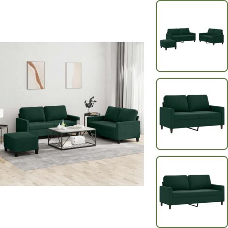 Sofá de 2 plazas - vidaXL Juego de sofás con cojines 3 piezas terciopelo verde oscuro - Reposapiés