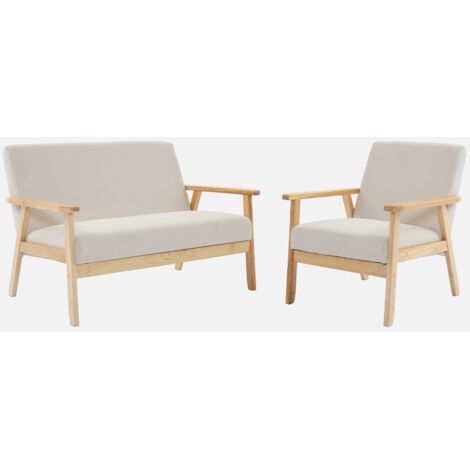 Sofá de 2 plazas y sillón de pana con patas de madera