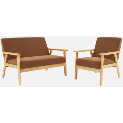 Sofá de 2 plazas y sillón de pana con patas de madera