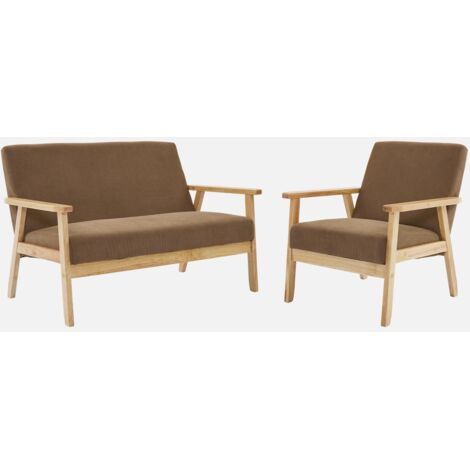 Sofá de 2 plazas y sillón de pana con patas de madera