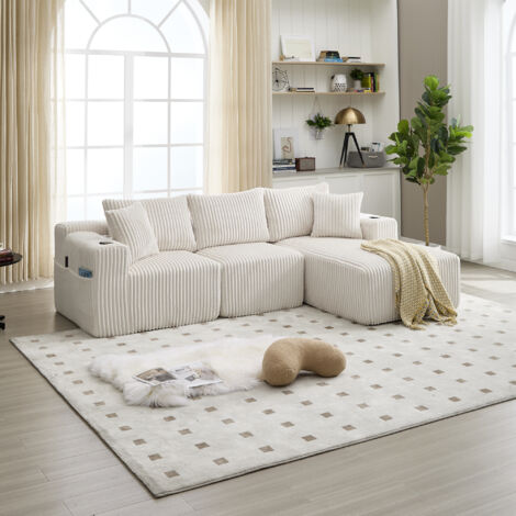 Sofá de 3-4 plazas - Conjunto de sofá con 5 cojines, bolsillos laterales y portavasos - en pana - beige