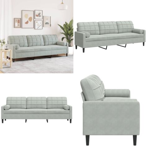 Sofá de 3 plazas con cojines terciopelo gris claro 210 cm - Sofá de terciopelo - Sofá gris claro
