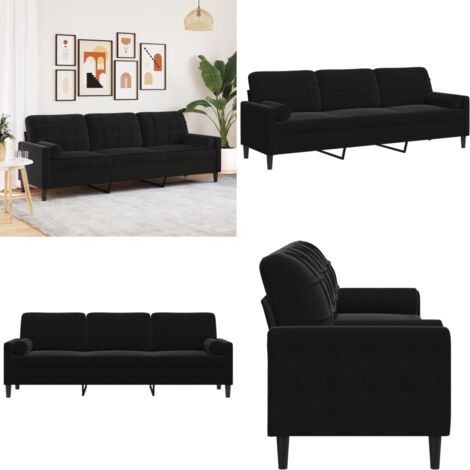 Sofá de 3 plazas con cojines terciopelo negro 210 cm - Sofá negro - Sofá con cojines