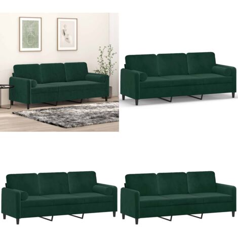 Sofá de 3 plazas con cojines terciopelo verde oscuro 180 cm - Cojines decorativos - Terciopelo