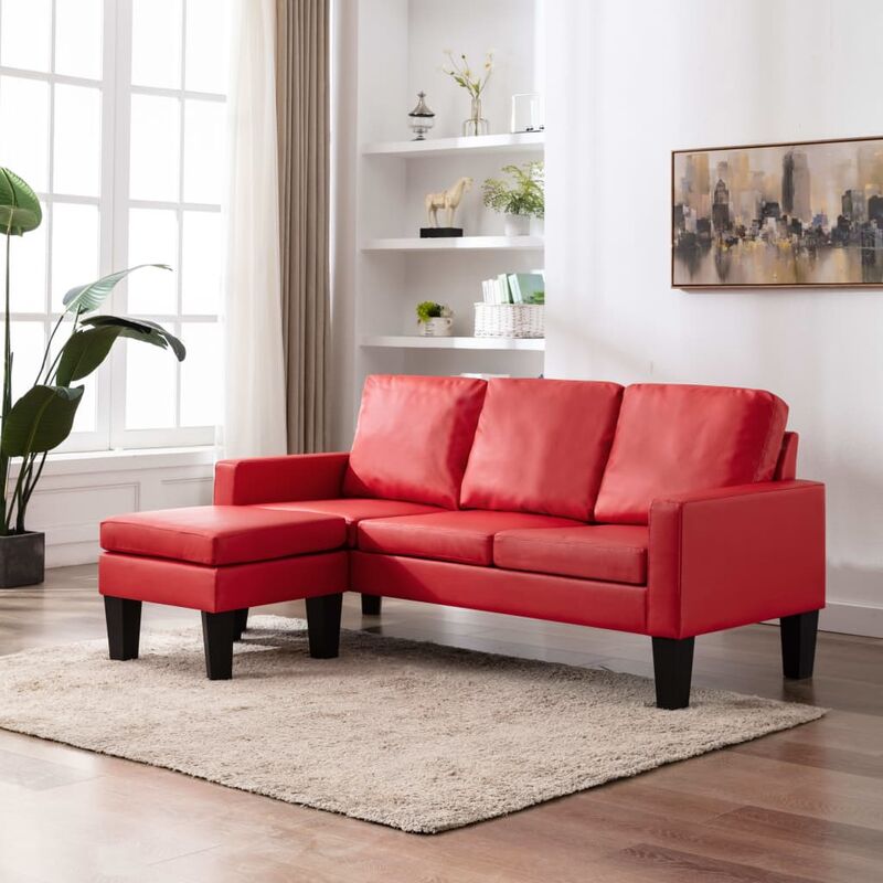 

Sofá de 3 plazas con reposapiés cuero sintético rojo