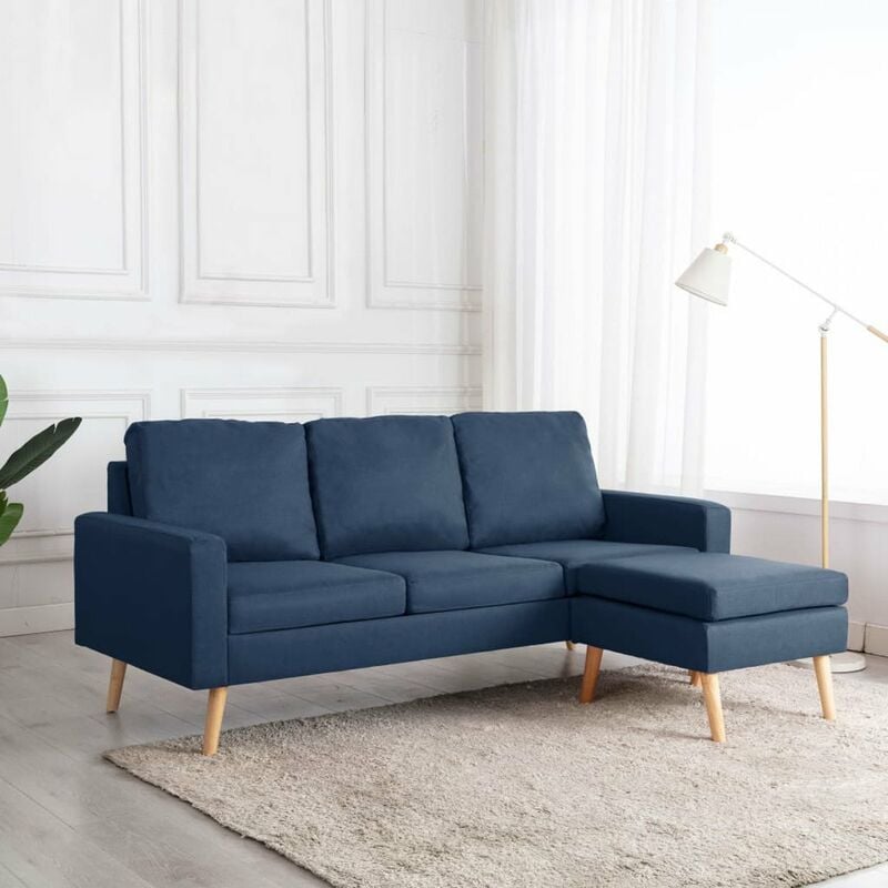 

Sofa de 3 plazas con reposapies de tela azul