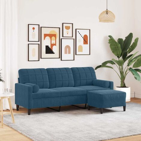 Sofá de 3 plazas con taburete de terciopelo azul 180 cm