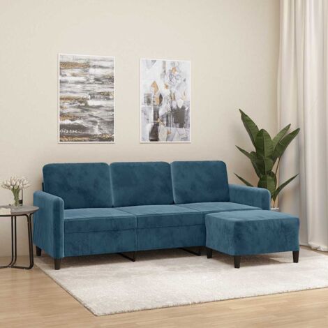 Sofá de 3 plazas con taburete de terciopelo azul 180 cm